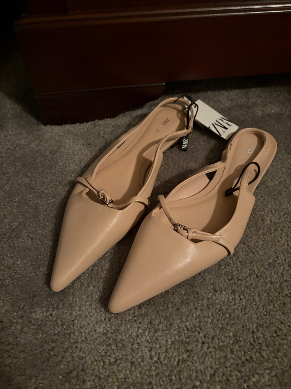 Zara Beige Pointed-Toe Slingback Flats